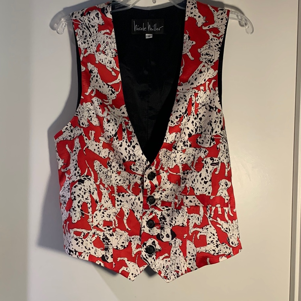 NIcole Miller Classic 4-button 100% silk red, black, white Dalmatian vest.  S